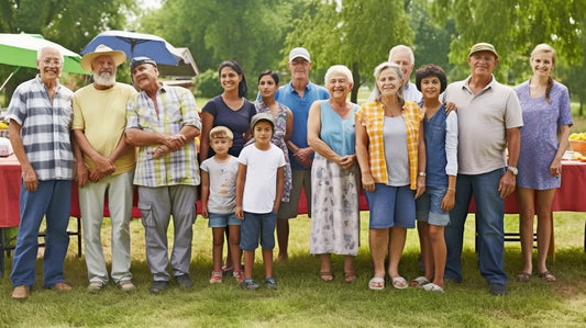 Multi-generation family smiling outdoors showcasing 5 out of the box ideas for family reunion decorations