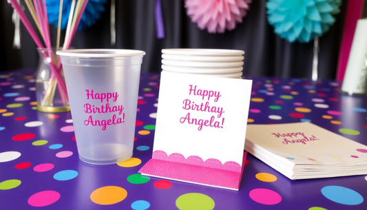 Personalized plastic cups and personalized paper napkins setting on a festively decorated party table. The personalization on the cups states "Happy Birthday, Angela!" The personalization on the napkins states "Happy Birthday, Angela!"