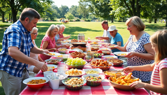 family members gathered around a large picnic table filled with potluck dishes. Each member is holding a plate and helping themselves to the delicious potluck dishes everyone brougth and placed on the table on a sunny summer day in a park setting.