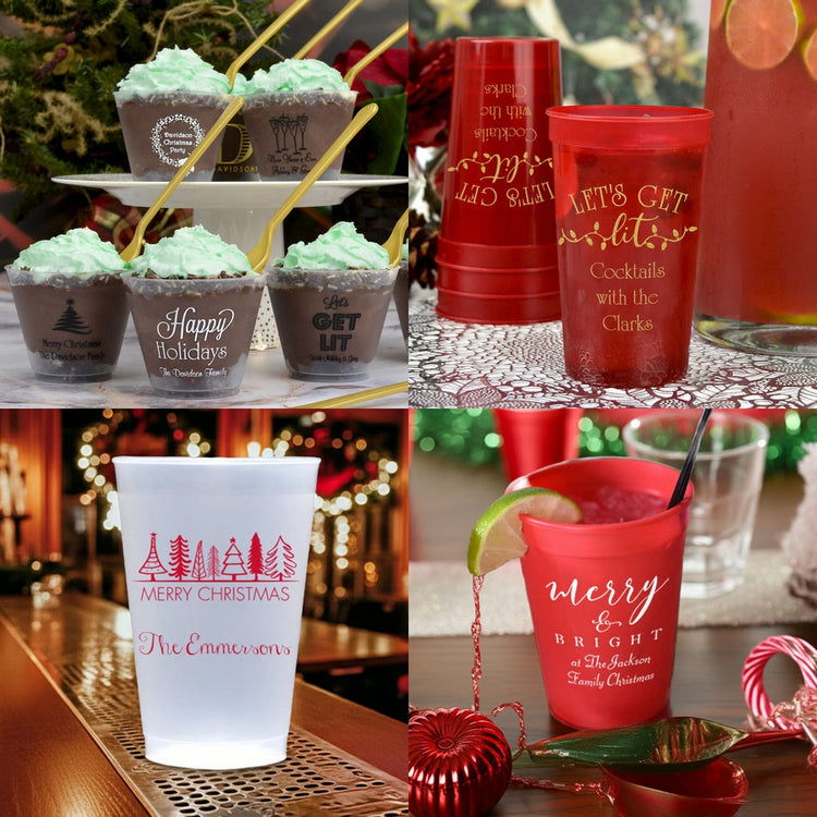 Reusable plastic cups personalized for Christmas party drink favors