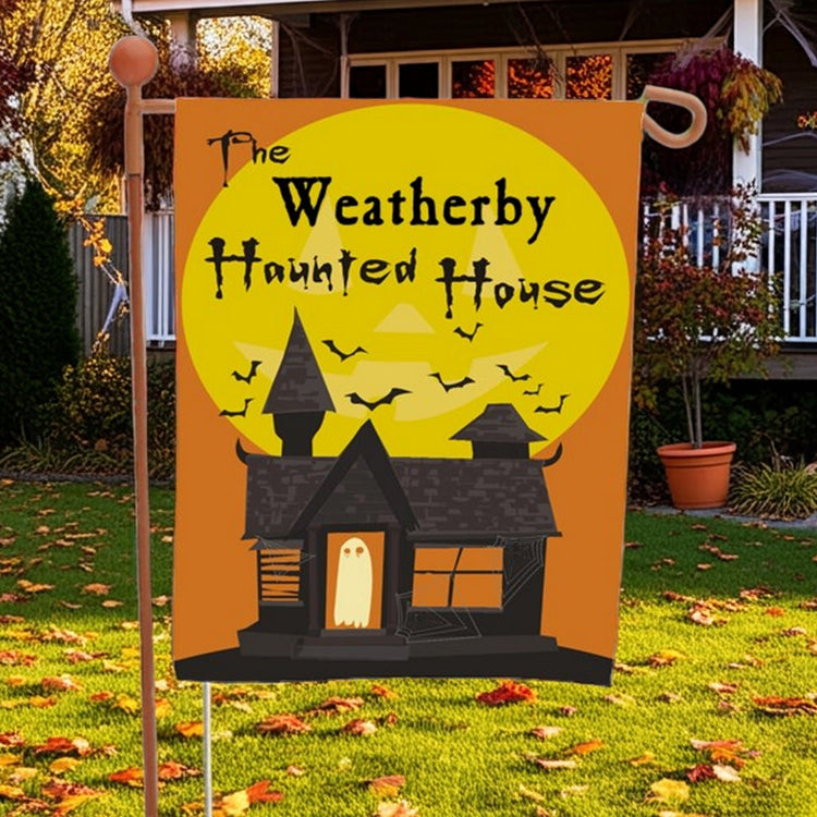 Front yard scene with a personalized Halloween flags design showing haunted house full moon bats and ghost