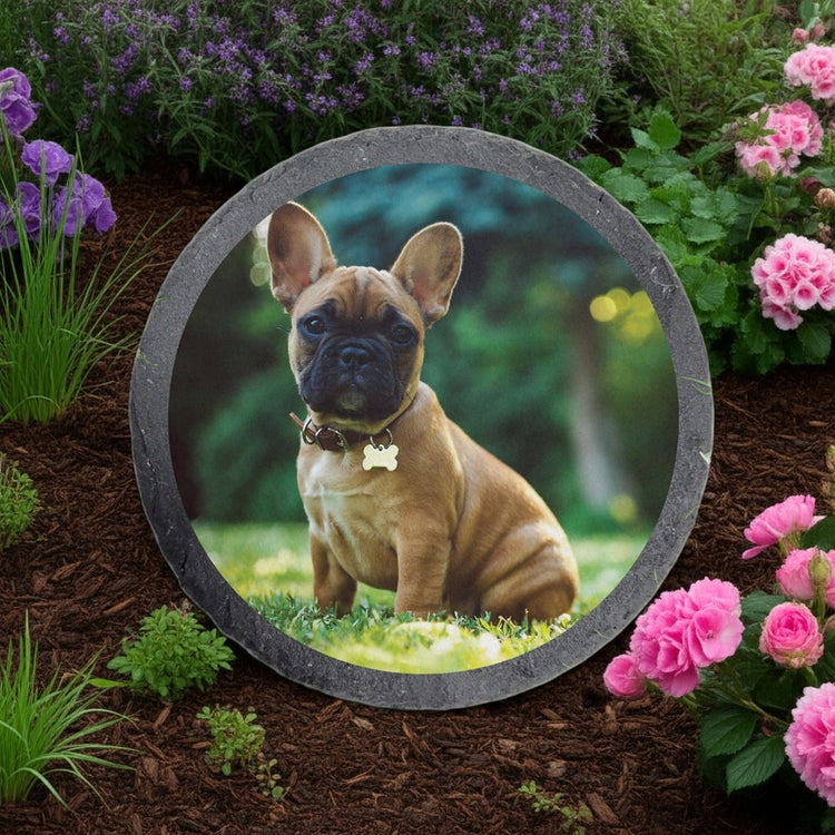 Personalized pet memorial gifts featuring a custom engraved stone with a photo of a brown French Bulldog in a garden
