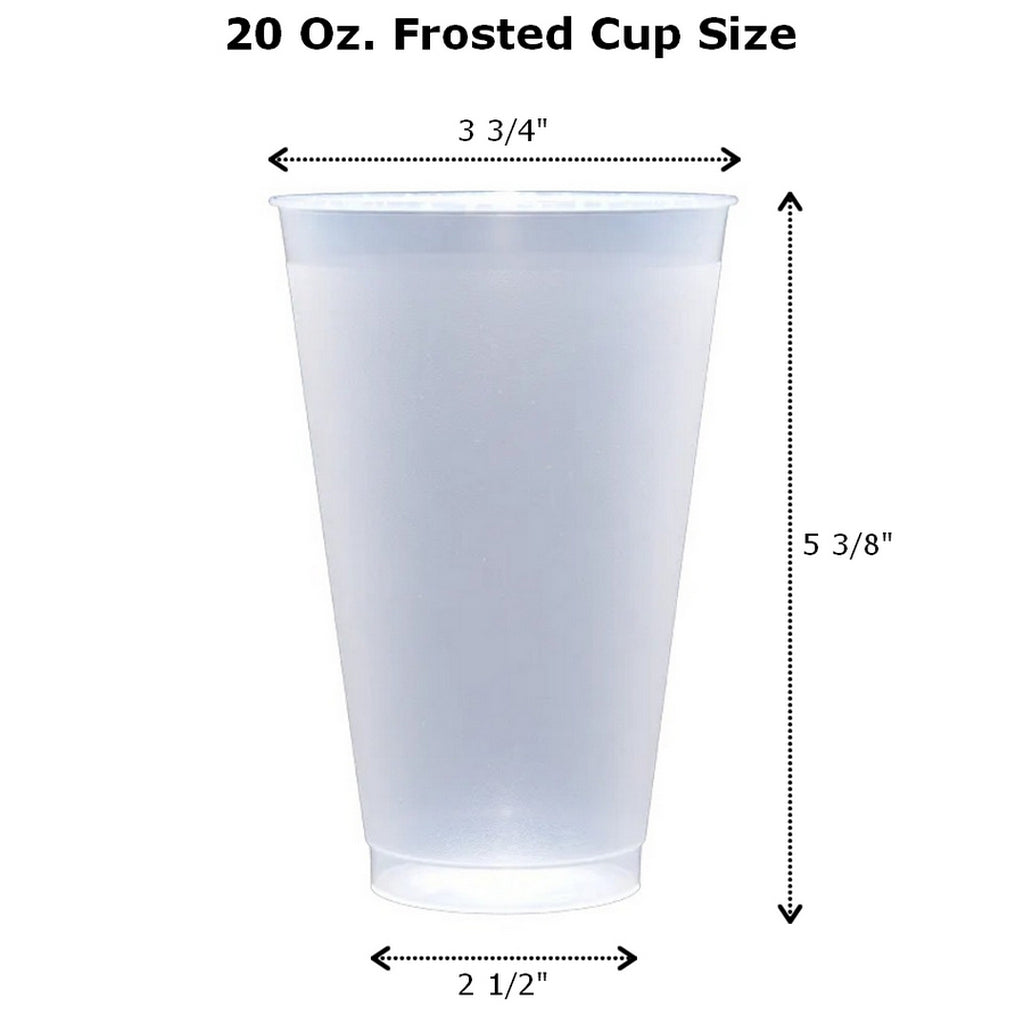 20 oz frosted plastic cup displaying cup dimensions 5.38 in H x 3.75 in W x 2.25 in W