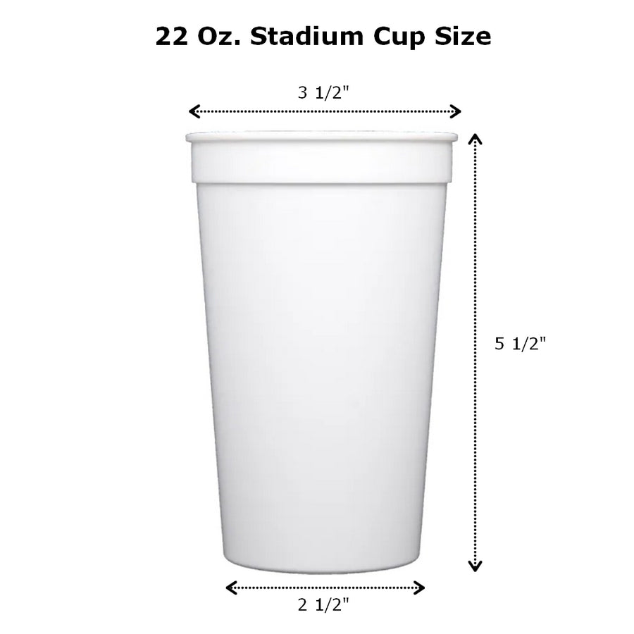 White 22 oz plastic stadium cup displaying dimensions 3.5 in W x 5.5 in H