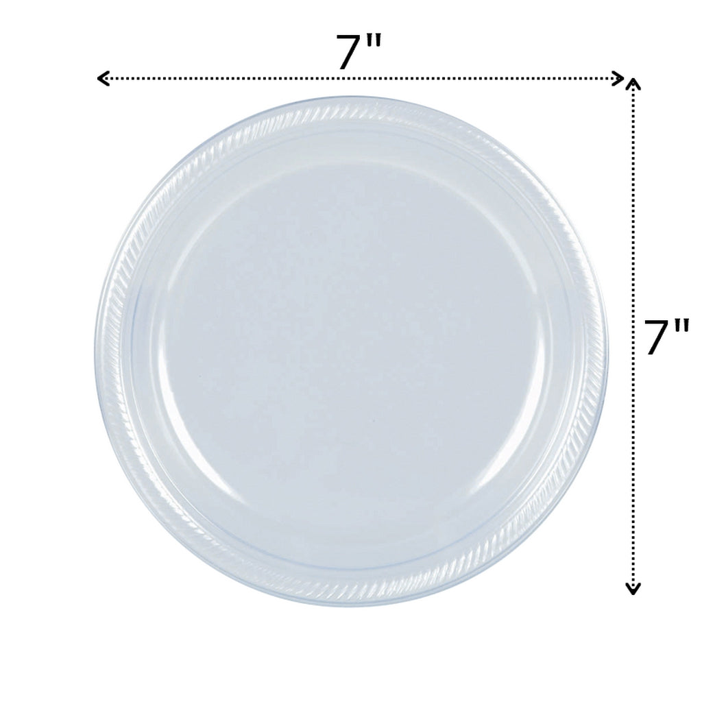 Clear 7 inch round plastic plate top view displaying dimensions 7 inches wide by 7 inches long