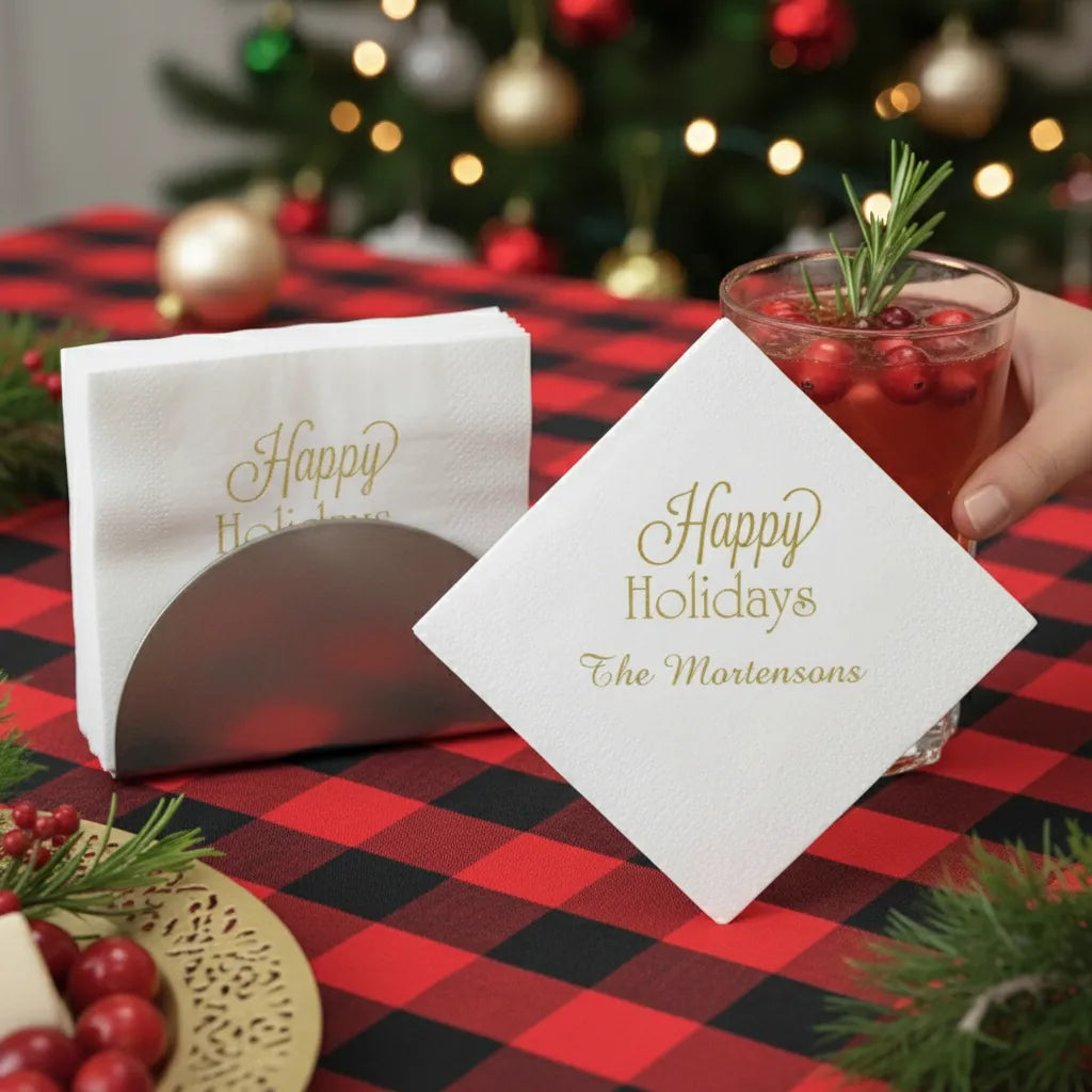 Personalized Luxury Linen Feel Christmas Cocktail Napkins