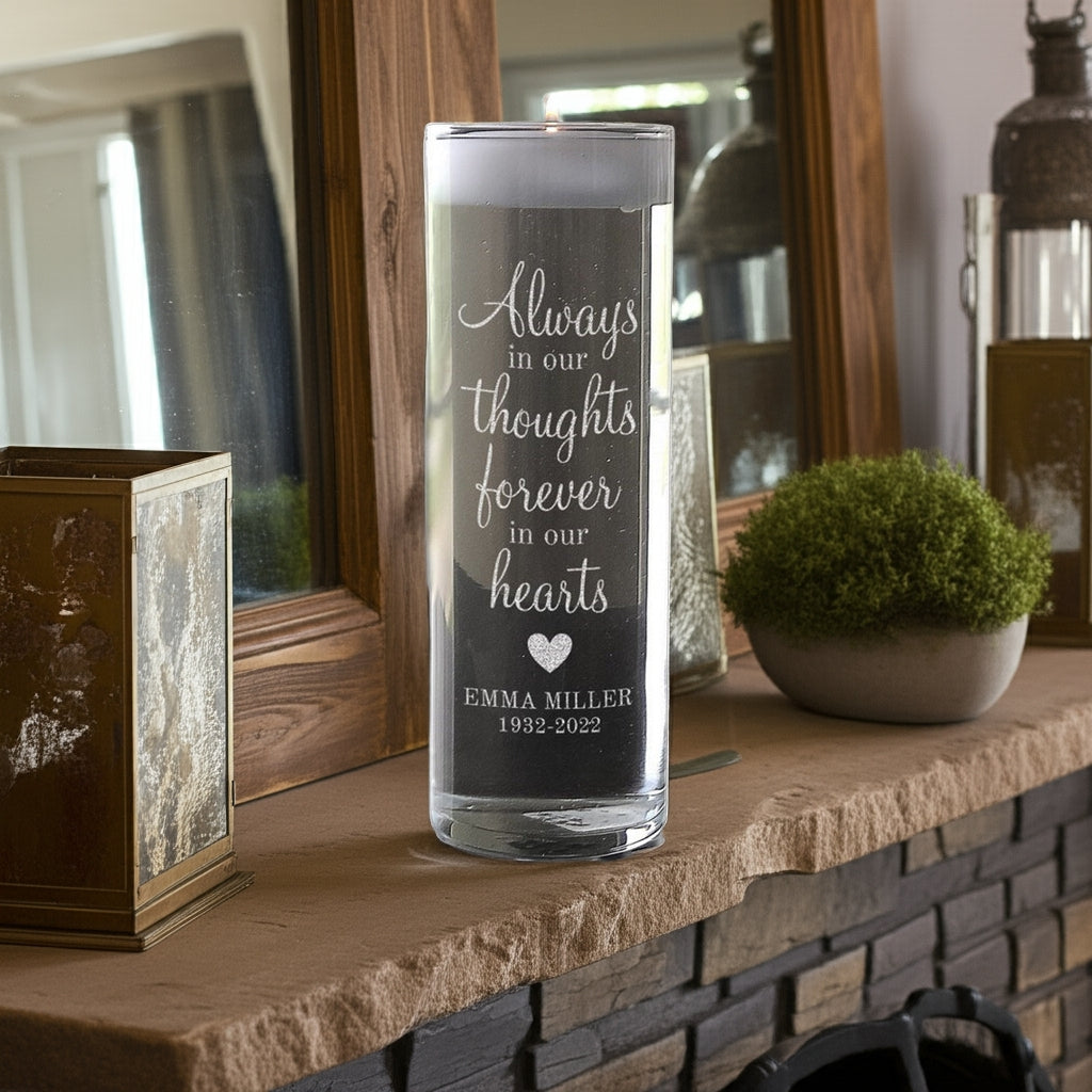 Personalized memory candle vase with engraved heartfelt message and name on mantel display