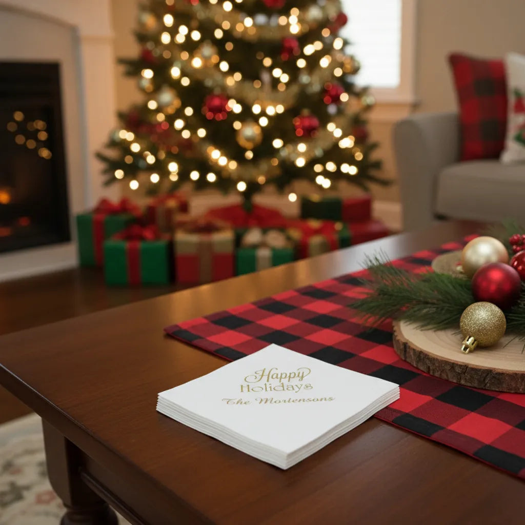 Personalized Luxury Linen Feel Christmas Cocktail Napkins