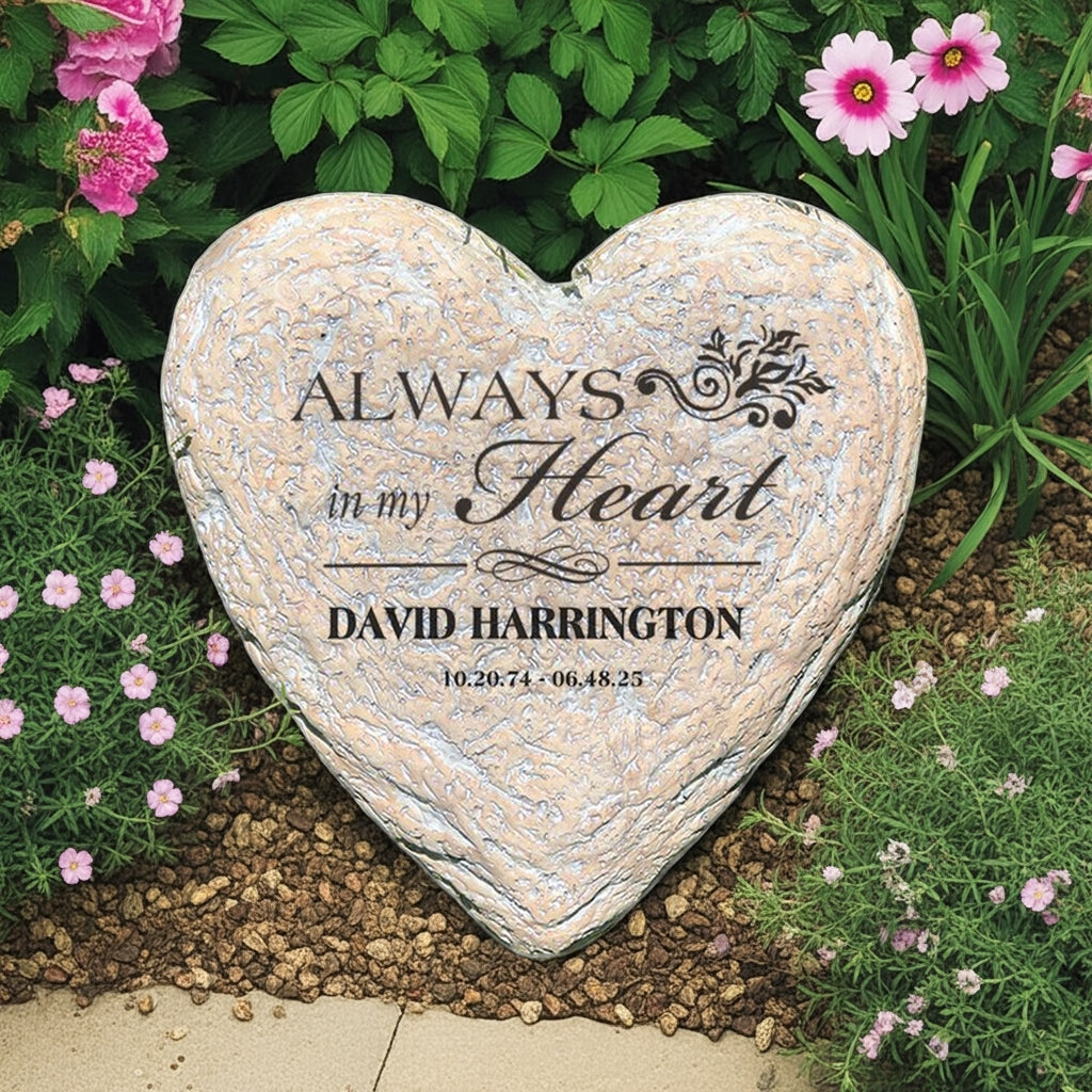 Always In My Heart personalized heart memorial garden stone placed in a garden with flowers