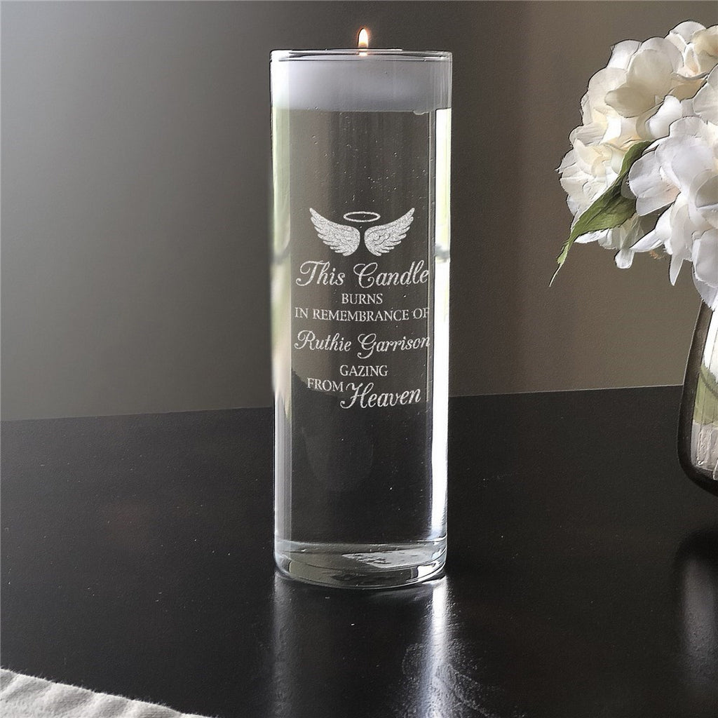 Angel Wings Personalized Memory Candle Vase with white candle burning in clear glass container