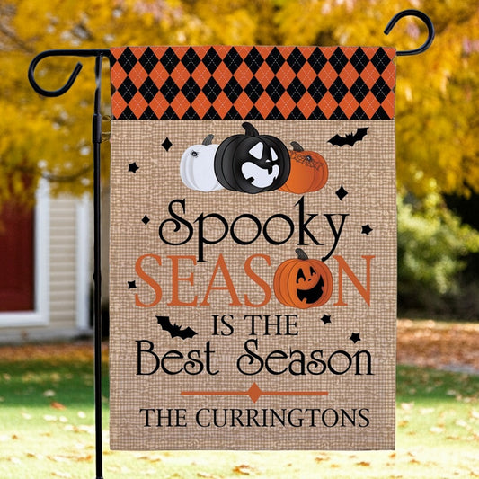 Personalized Halloween garden flag burlap design with pumpkins argyle top and customizable family name