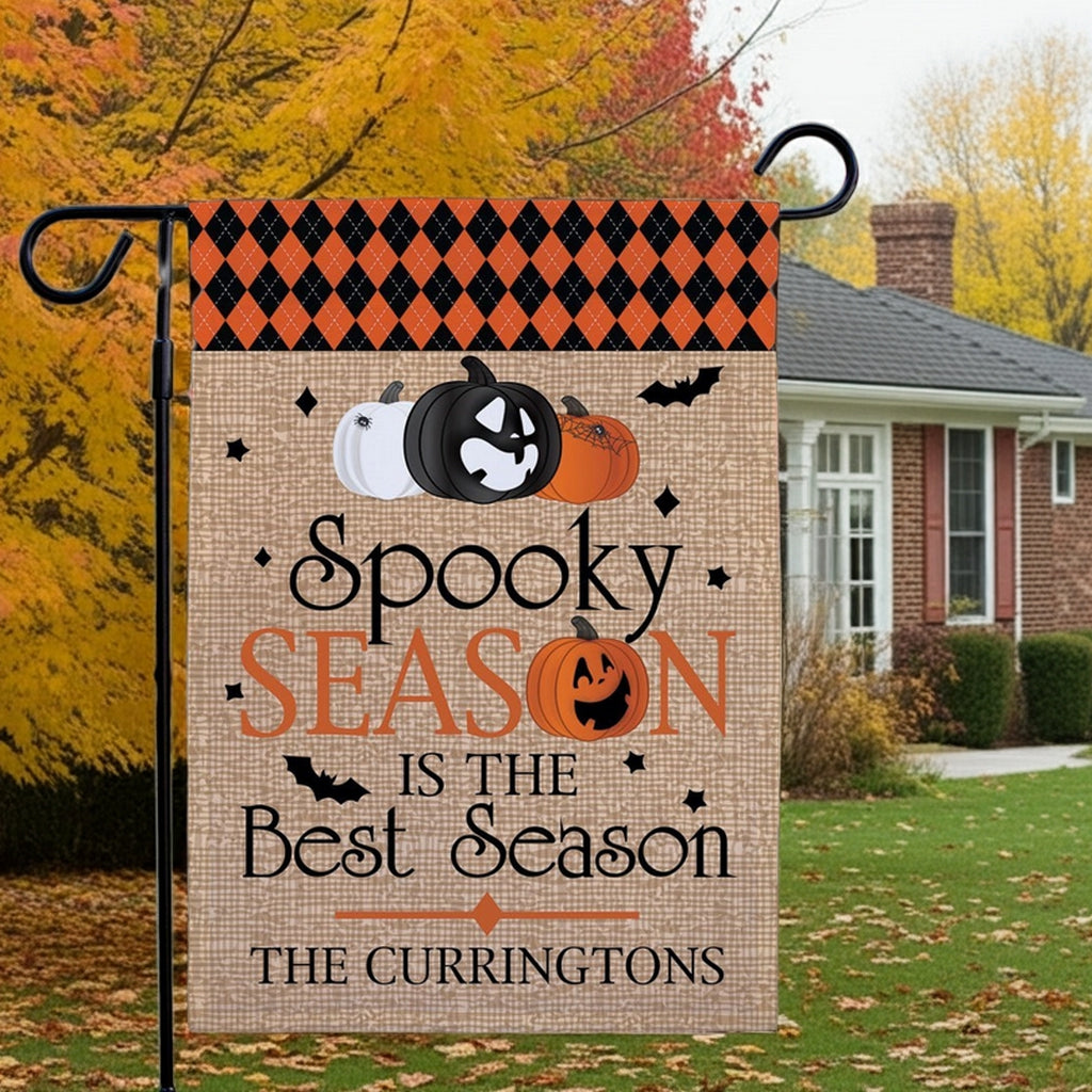 Personalized Halloween garden flag with pumpkins bats burlap design and family name