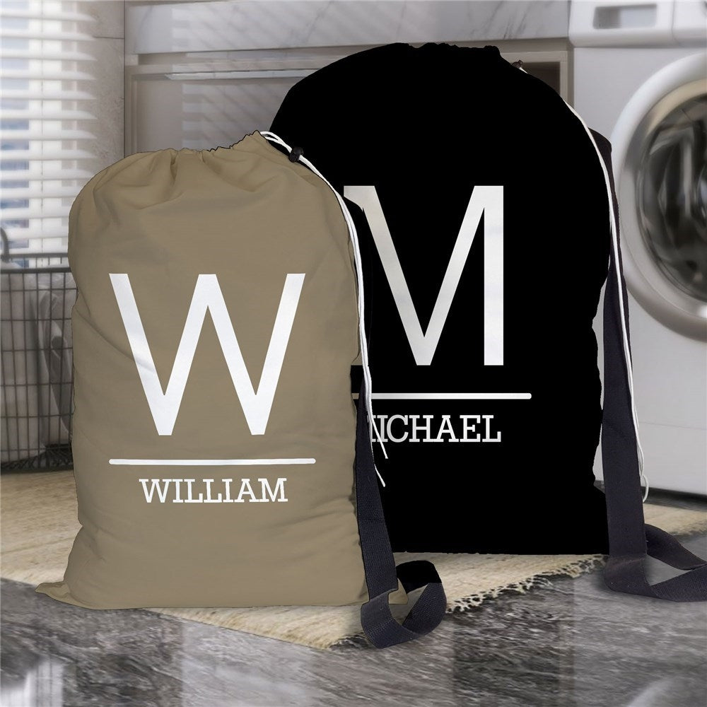 Regular and large size laundry bags personalized with initials and names in Nutmeg and Black background color options for graduation gift ideas
