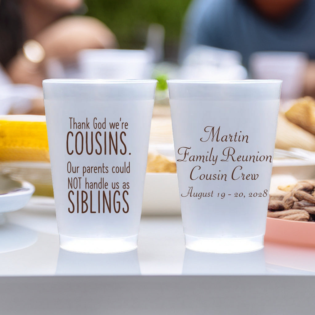 Personalized family reunion cups with custom cousin messages and date for a Martin family gathering