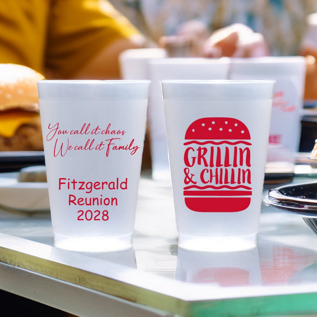 Personalized family reunion cups with Fitzgerald Reunion 2028 and Grillin & Chillin design