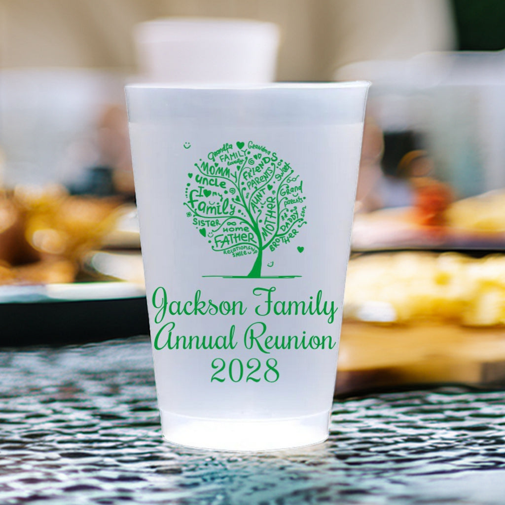 Personalized family reunion cups with Jackson Family Annual Reunion 2028 green tree design by Tippytoad