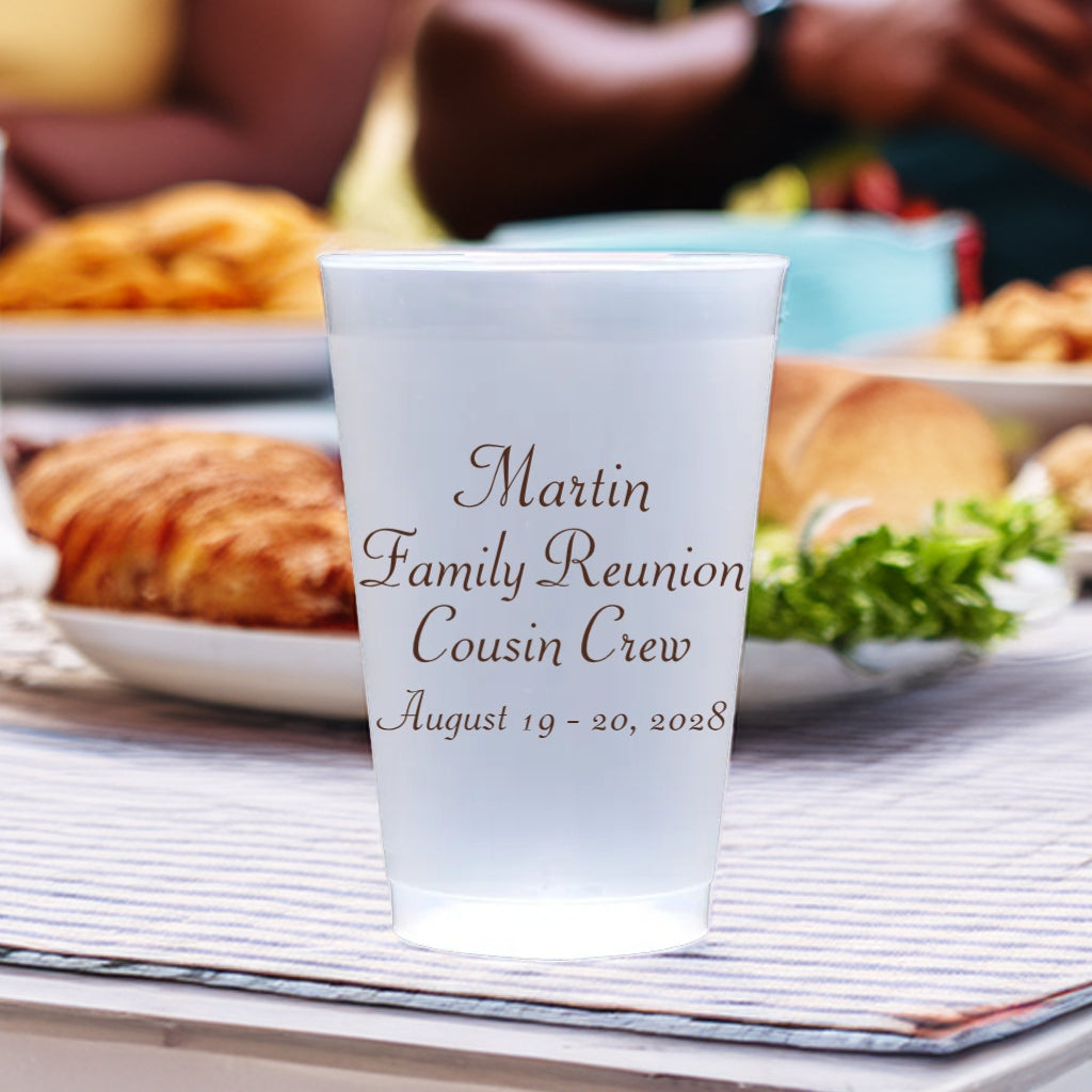 Tippytoad personalized family reunion cups with Martin family reunion Cousin Crew text and event date