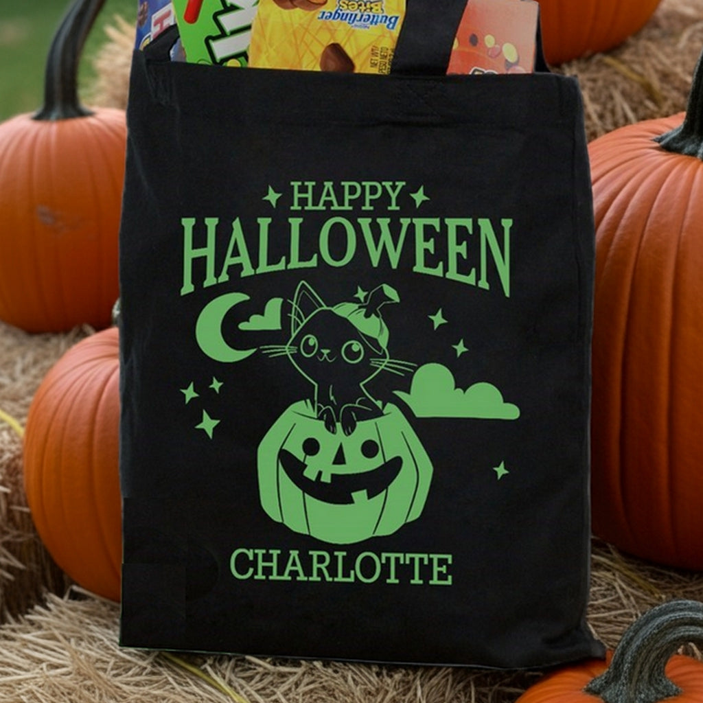 Cat in pumpkin personalized trick or treat bag black tote with green Happy Halloween cat and pumpkin design