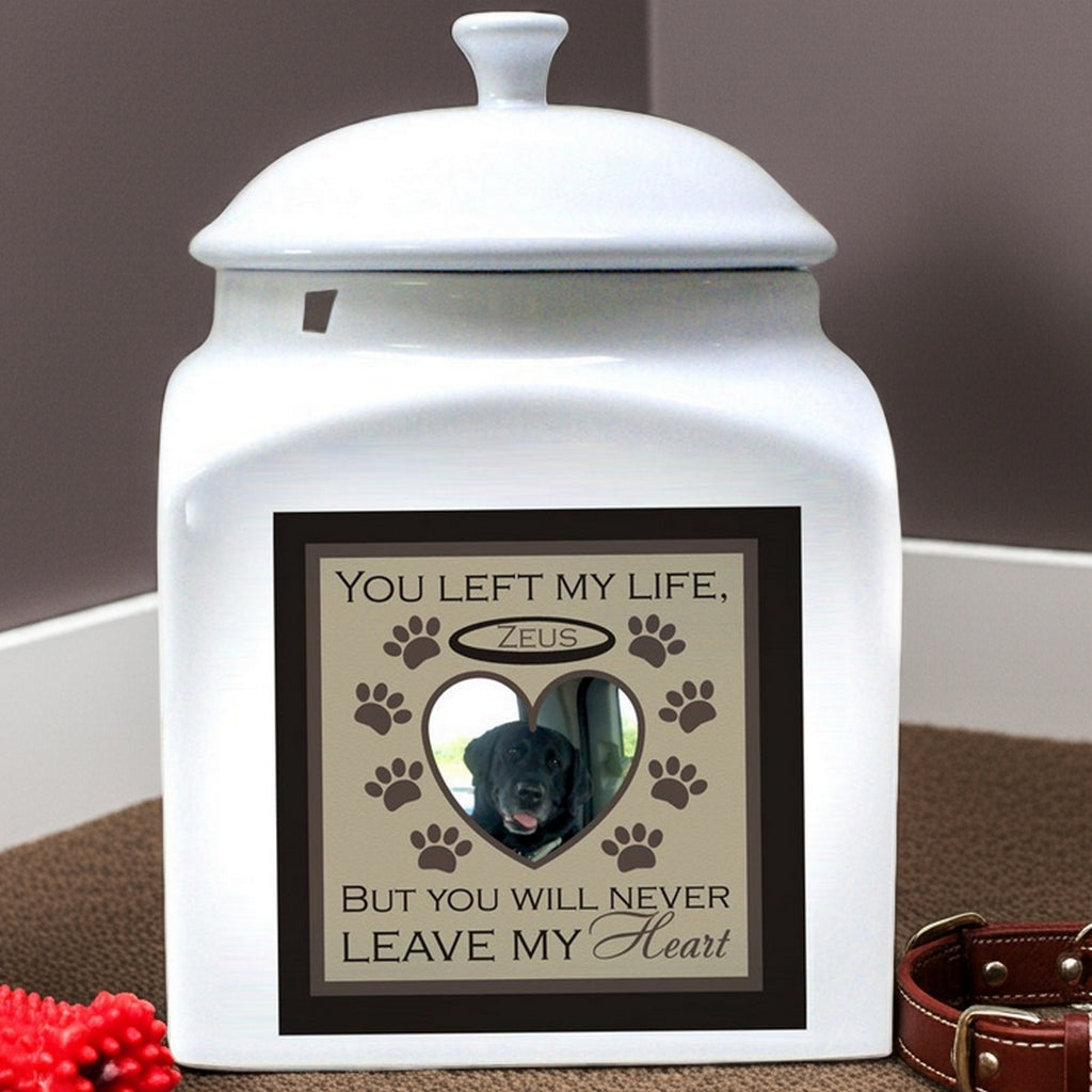 White personalized ceramic photo pet urn with heart-shaped photo frame and paw print design