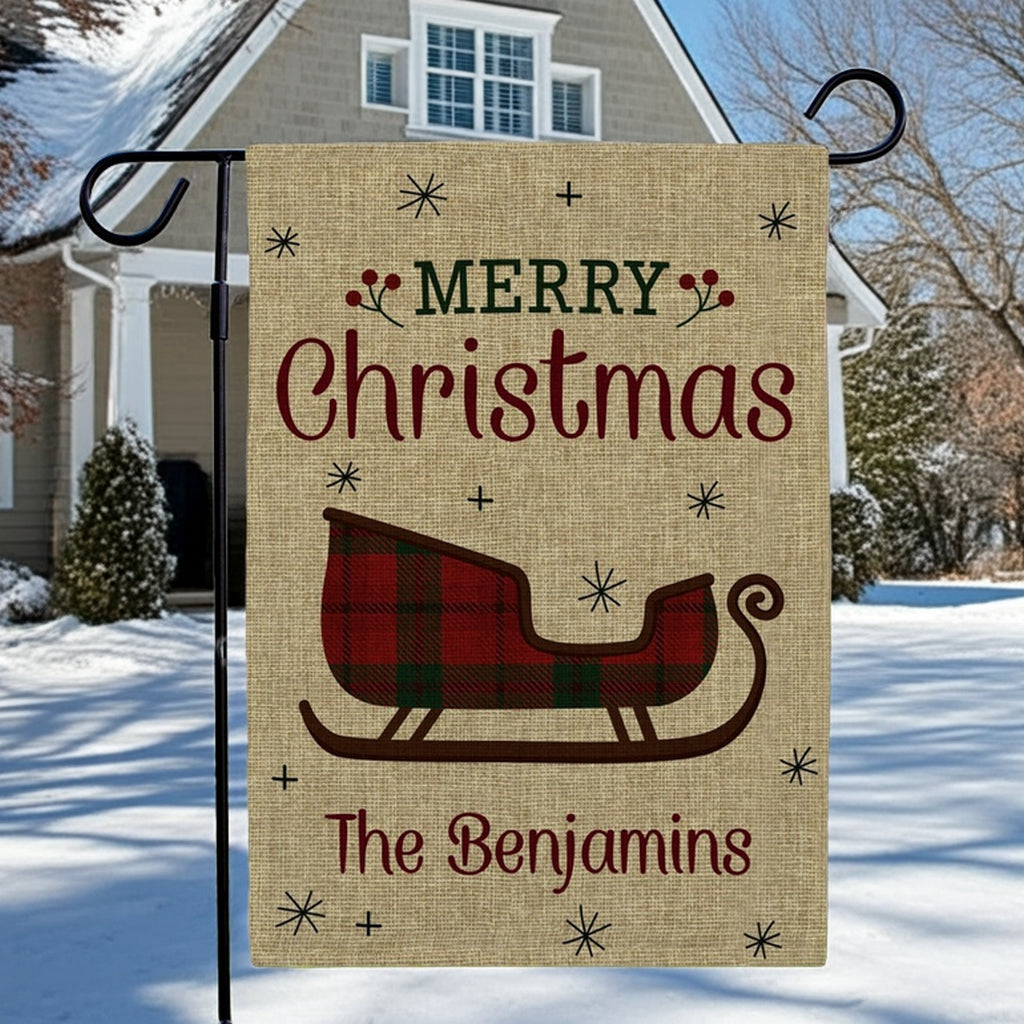 Merry Christmas Garden Flag with Sleigh Design and Custom Name for Holiday Decor