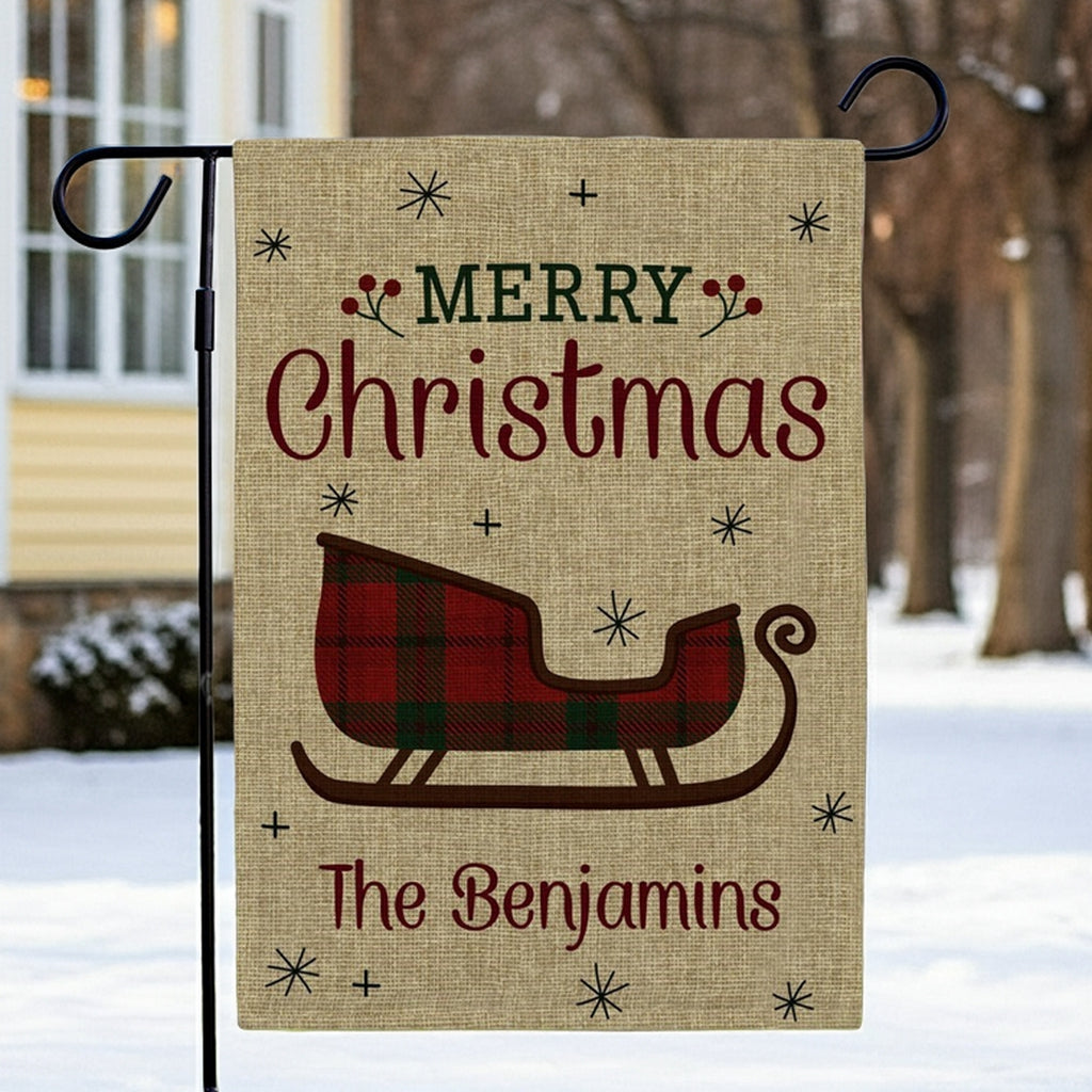 Christmas garden flag featuring a sleigh design and 'Merry Christmas The Benjamins' text