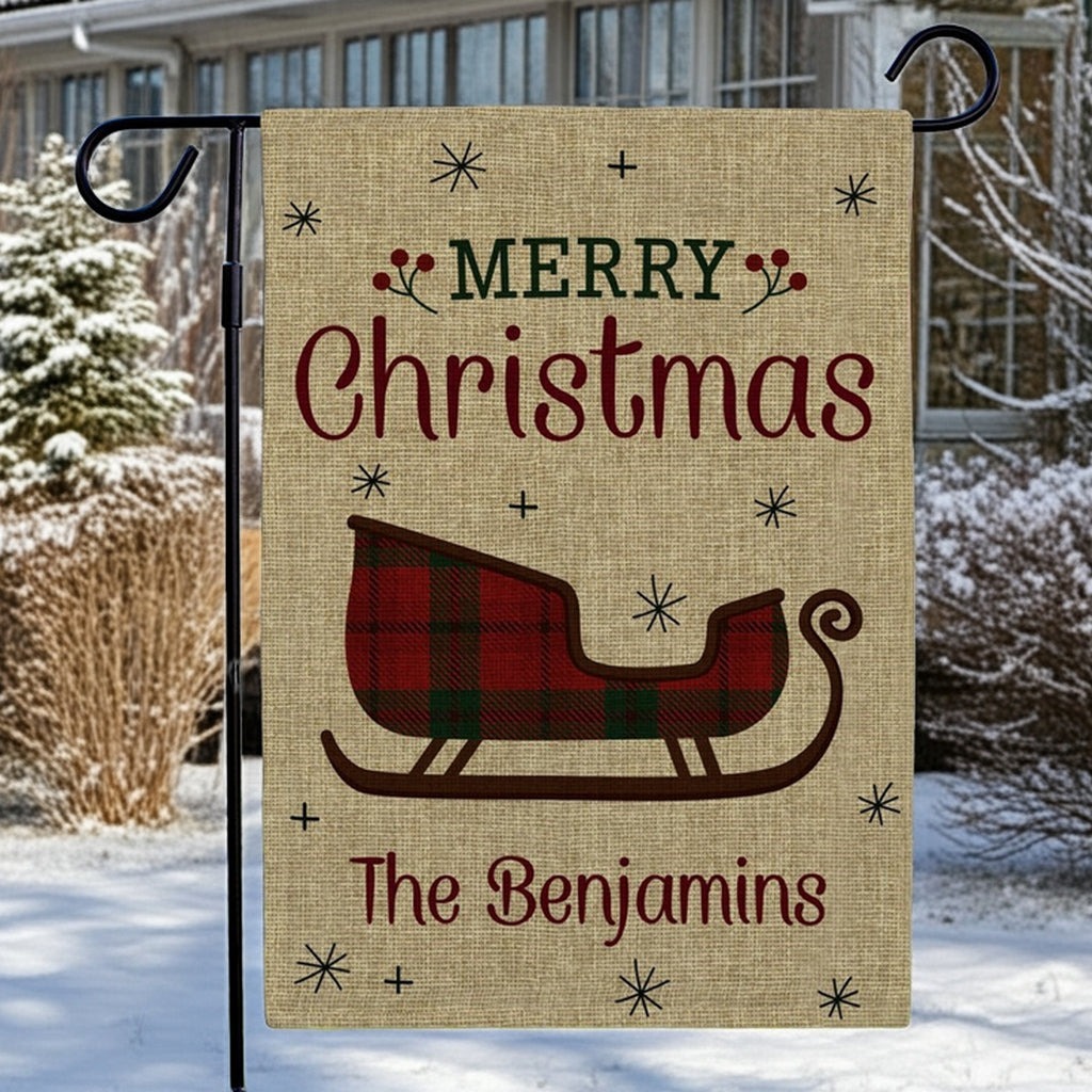 Merry Christmas garden flag featuring a plaid sleigh design, personalized for The Benjamins