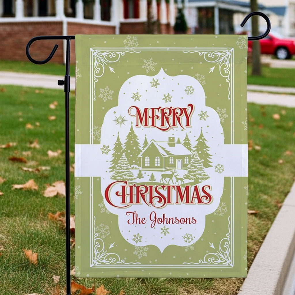Personalized Christmas garden flag featuring a snowy house and festive design