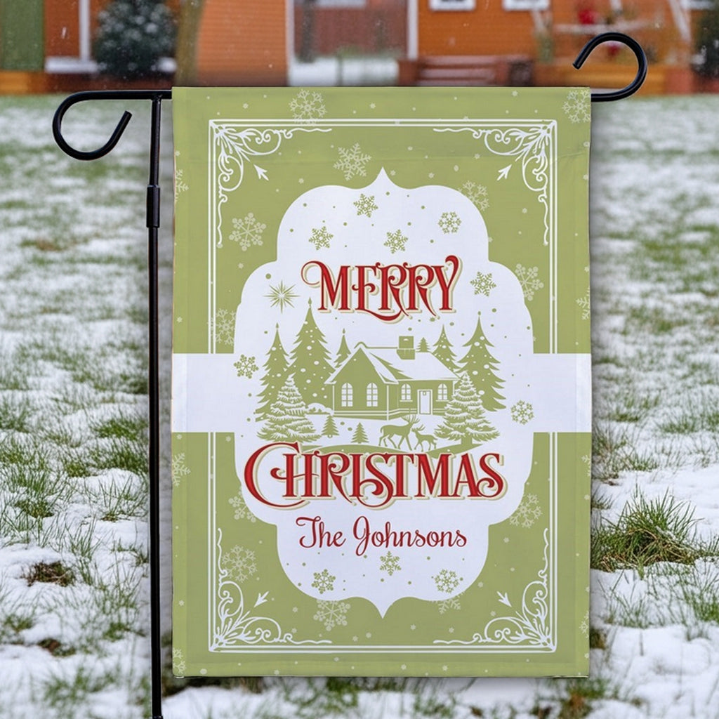 Personalized Christmas garden flag with festive design and snowy background