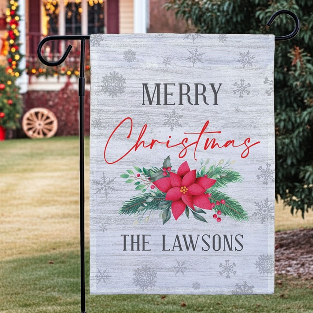 Personalized Christmas garden flag featuring poinsettias and festive text for holiday decoration