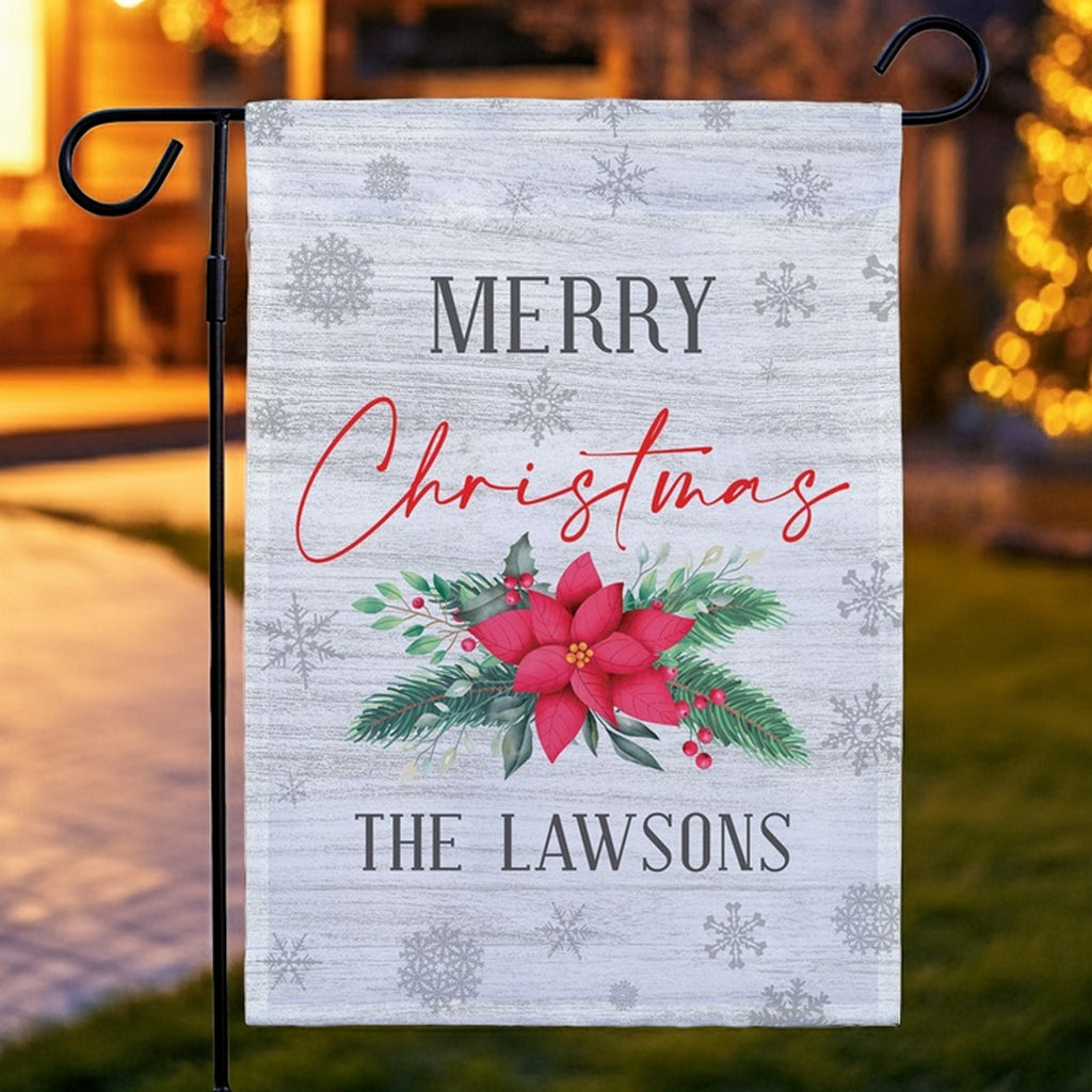 Personalized Merry Christmas Garden Flag with Poinsettia Design for Holiday Decor