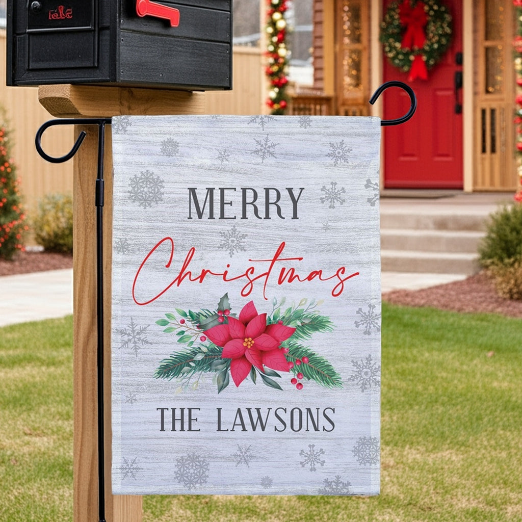 Personalized Christmas garden flag with festive design featuring flowers and Merry Christmas text