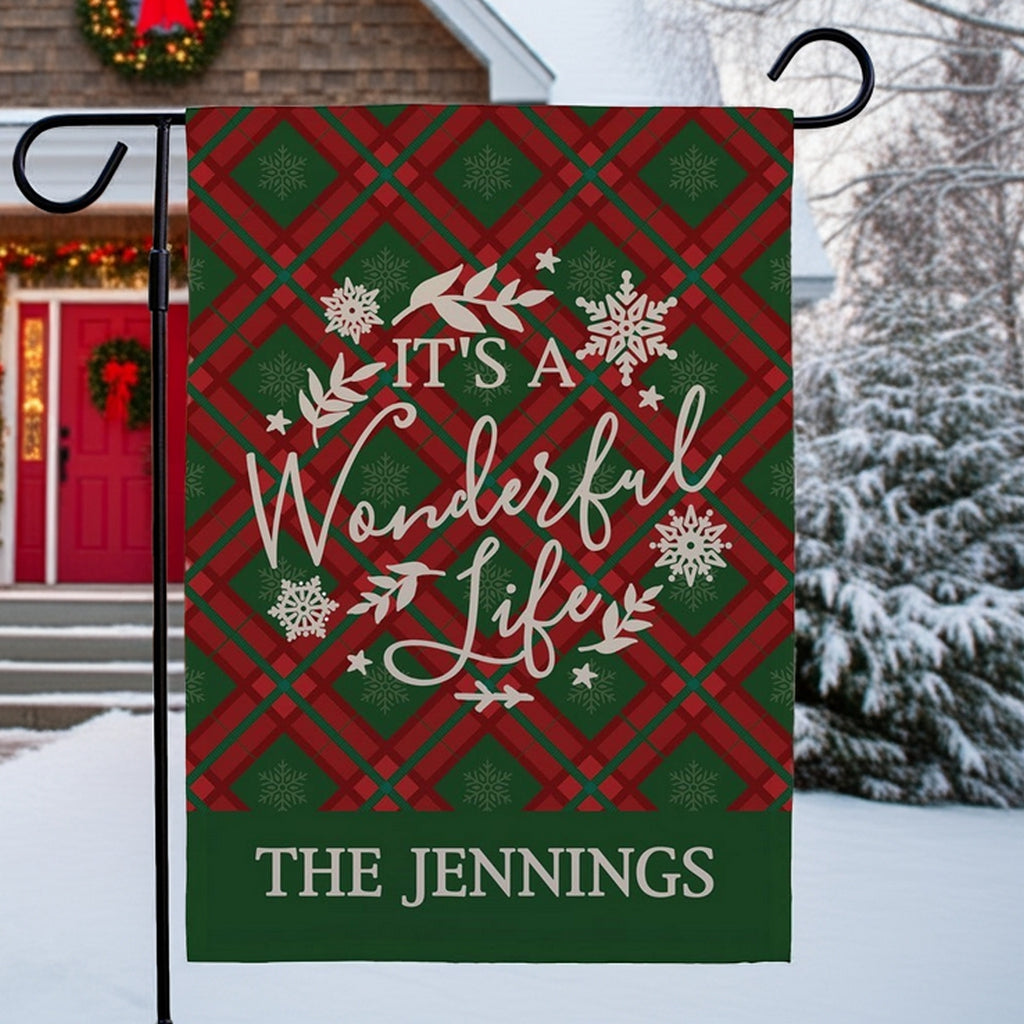 Christmas garden flag featuring a festive design with the text It's A Wonderful Life for holiday decoration