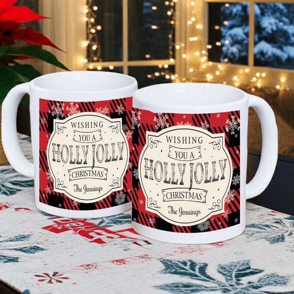 Christmas mug featuring a festive design with holly jolly theme and custom printed name option