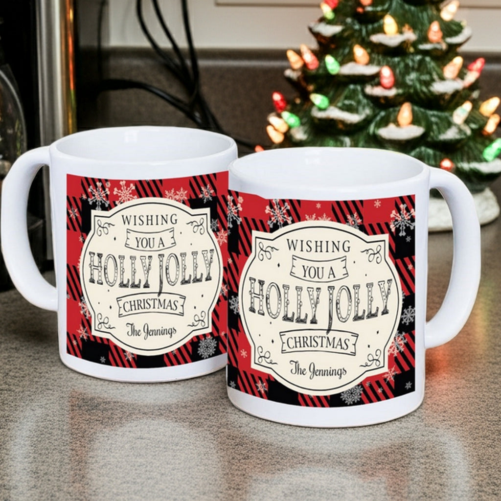 Christmas mug featuring a festive design wishing you a holly jolly Christmas personalized with name