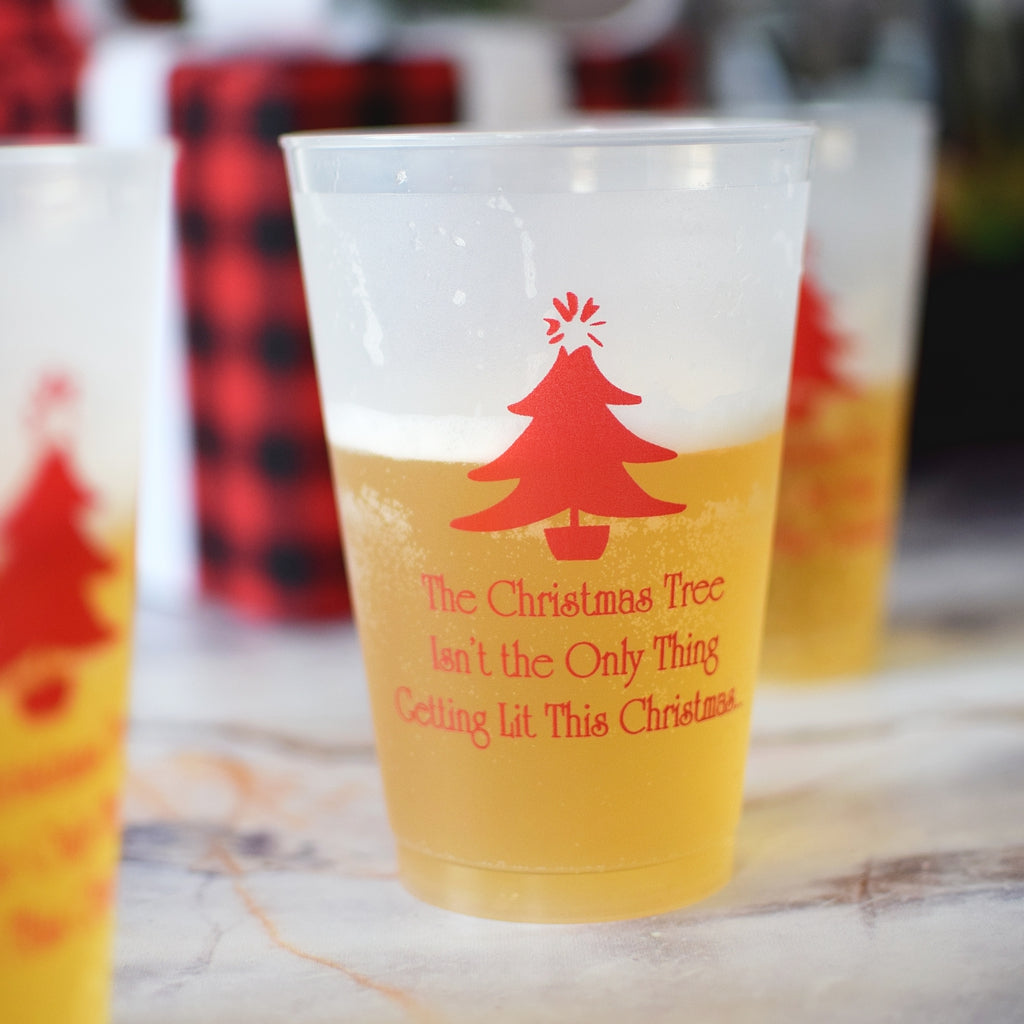 20 Ounce clear frosted reusable beer cups personalized with Christmas tree design and 3 lines of text in red print