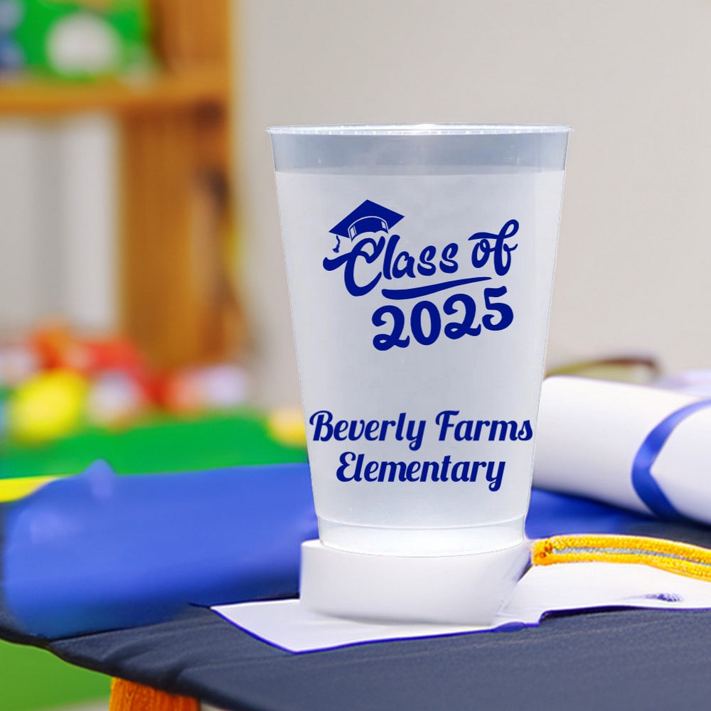 Small frosted plastic cup personalized for elementary school graduation party with "Class of 2025" design and school name