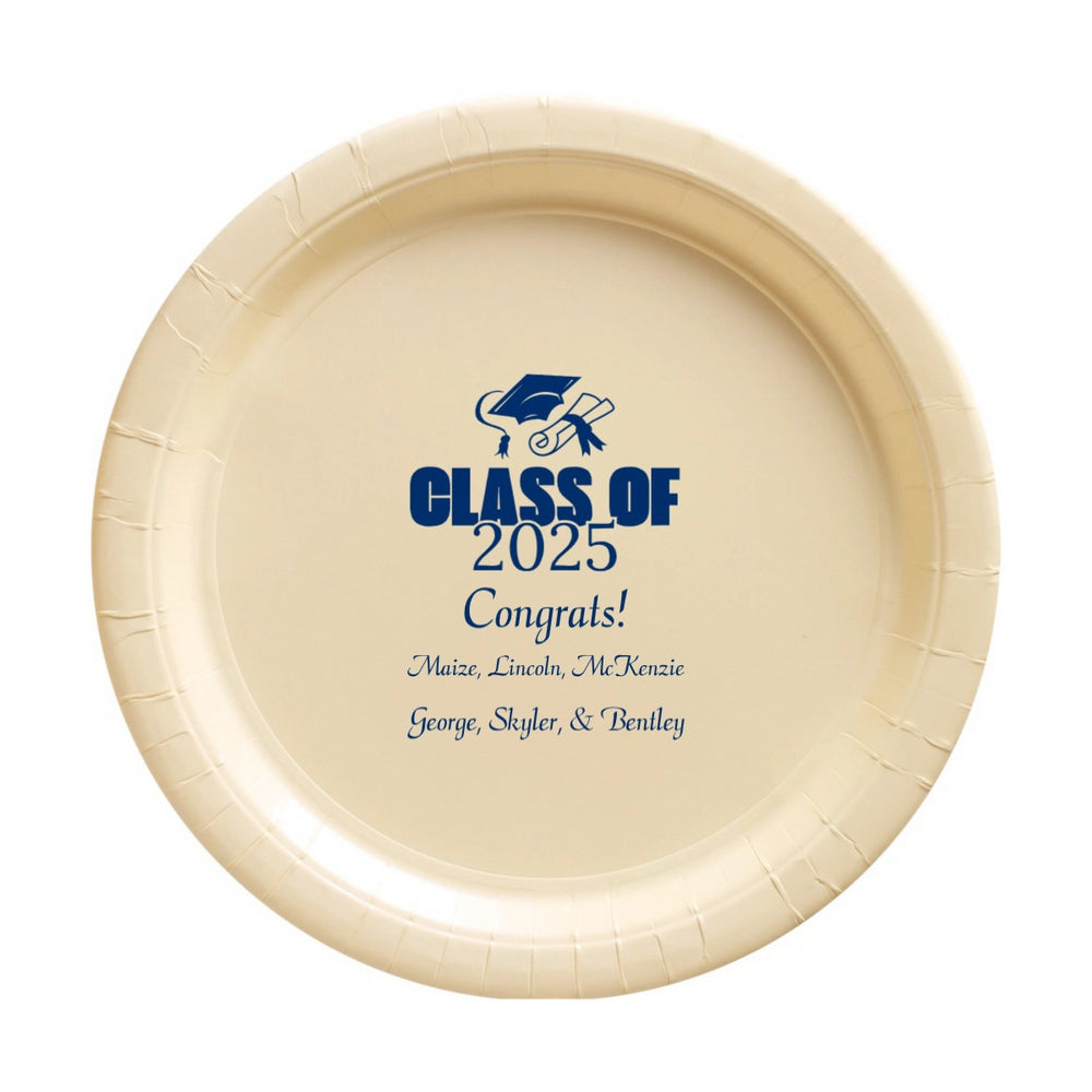 Vanilla color 7 inch paper plate personalized for graduation with "Class of 2025" design, "Congrats!" and graduate names in nave blue print