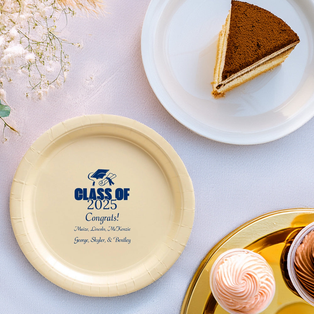 Vanilla color 7 inch paper plate personalized for graduation with "Class of 2025" design, "Congrats!" and graduate names in nave blue print next to desserts
