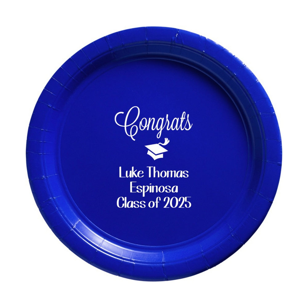 Blue 7 Inch paper graduation dessert plate personalized with "Congrats" design, graduate name and "Class of 2025" in white print