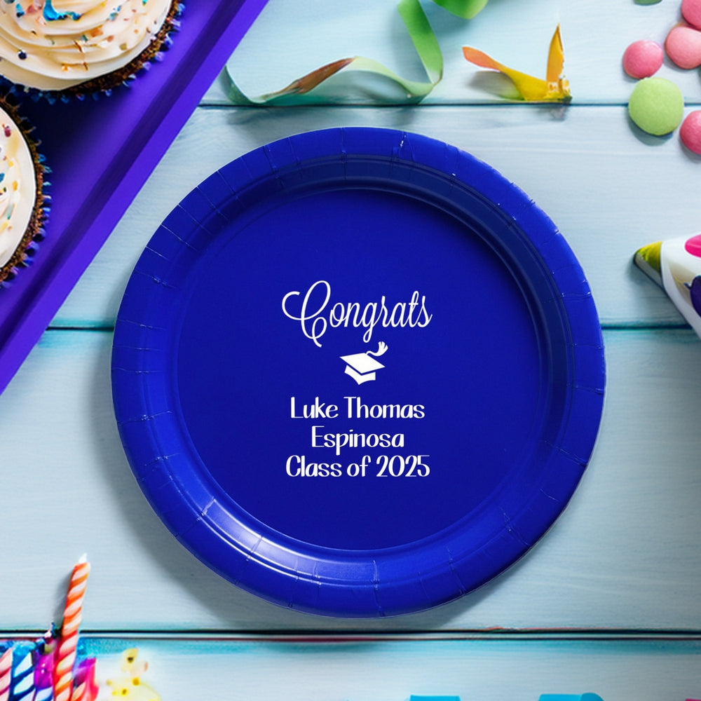 Blue 7 Inch paper graduation dessert plate personalized with "Congrats" design, graduate name and "Class of 2025" in white print