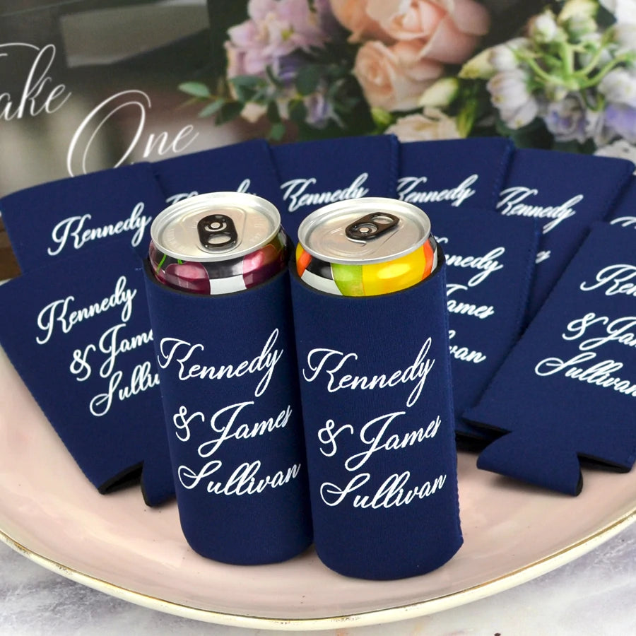 Navy color neoprene slim wedding can coolers custom print with bride and goom name in white script lettering