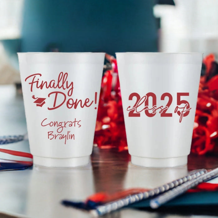 Tippytoad 16 oz personalized frosted gradution party cups with Finally Done and 2025 design