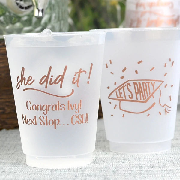 16 oz personalized frosted graduation party cups with custom text and celebration designs by Tippytoad