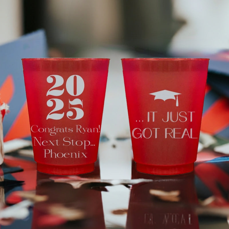 Tippytoad 16 oz personalized frosted graduation party cups in red with custom year and graduation messages