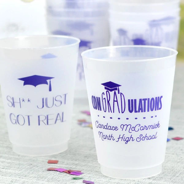 Tippytoad 16 oz personalized frosted graduation party cups with custom messages and graduation cap design