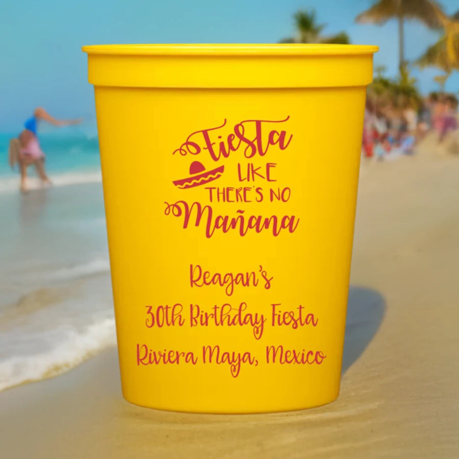 yellow color plastic cup personalized with banner and custom text for 30th birthday party in red print