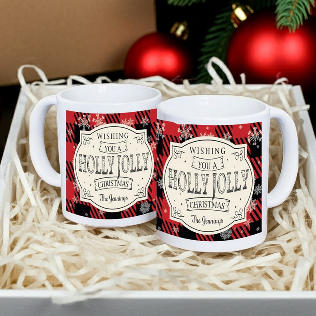 Custom Christmas mug featuring a festive design with holly jolly Christmas message and name