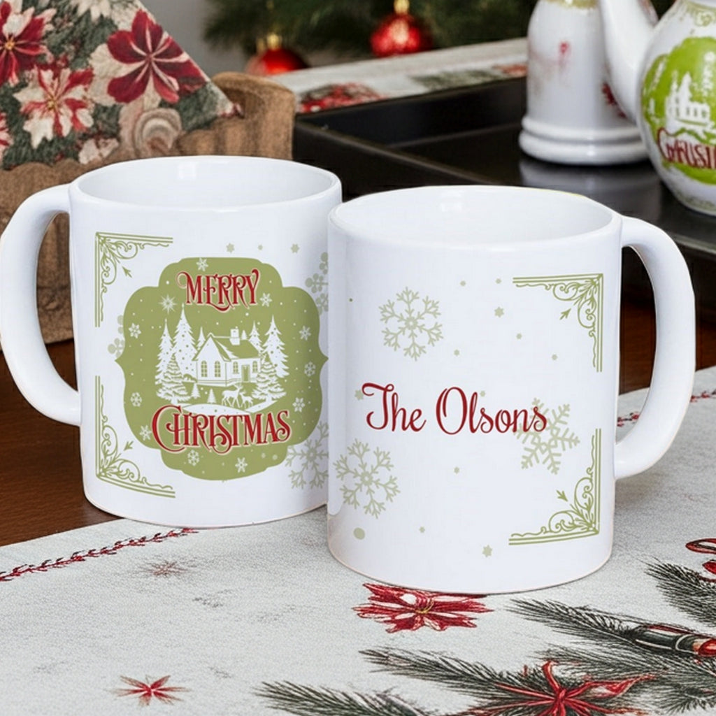 Personalized Christmas mug featuring a festive green cabindesign and custom name for holiday gatherings