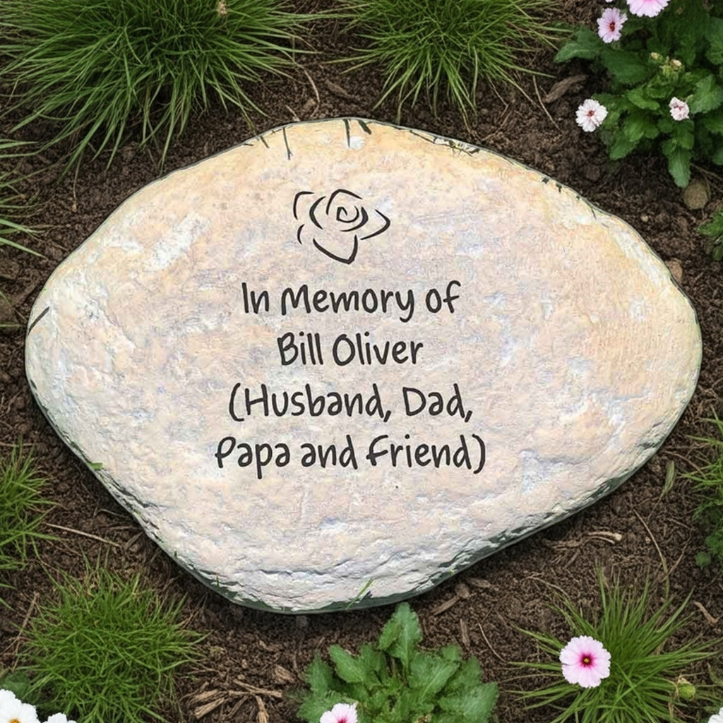 Custom engraved memorial garden stone with In Memory of inscription surrounded by greenery and flowers