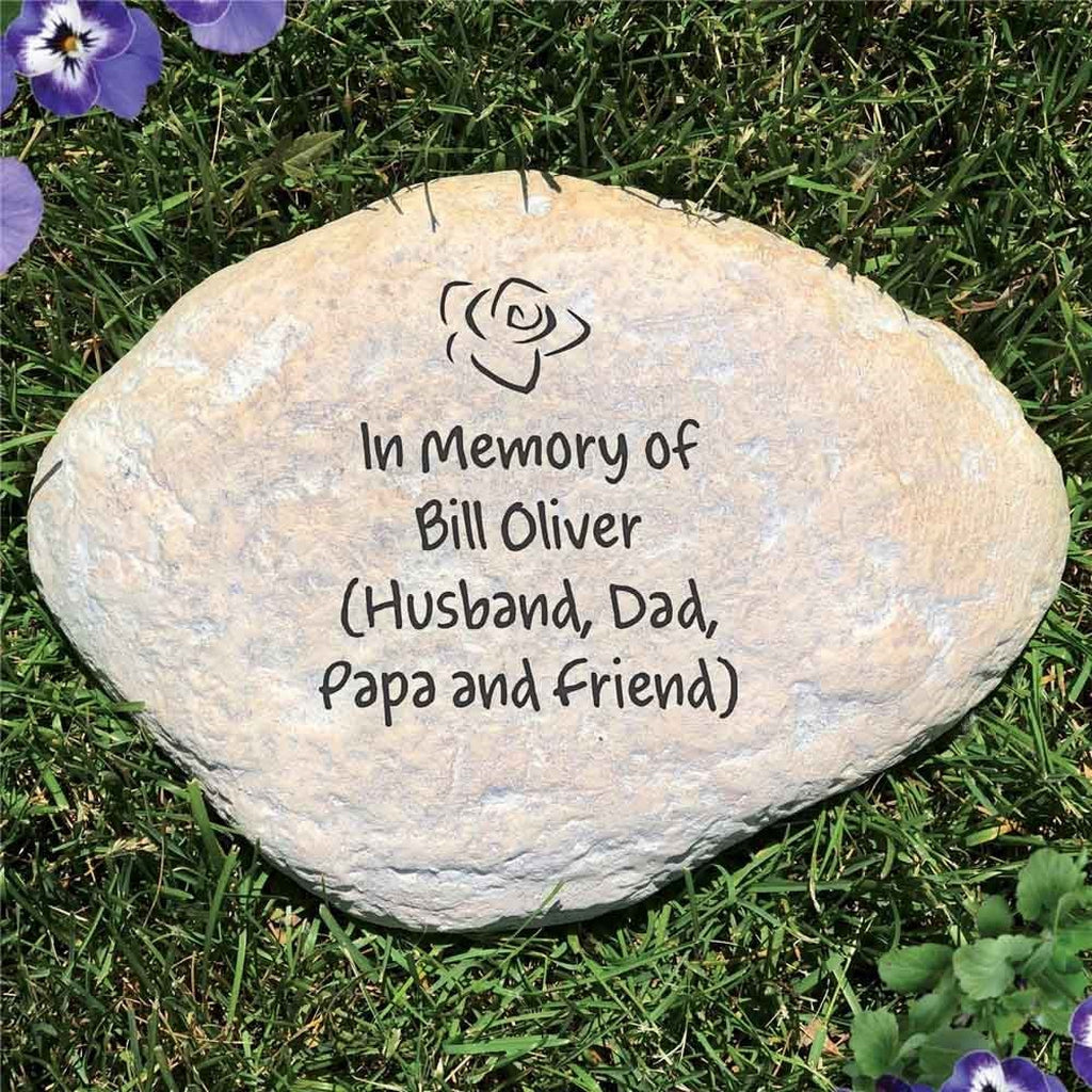 Custom engraved memorial garden stone with In 4 lines of custom text for Memory of inscription and rose design